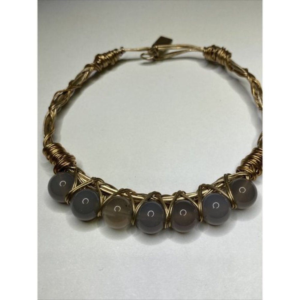 Canvas Bracelet Gold Tone Beaded Gray  Wrapped‎ Wire Hook closure